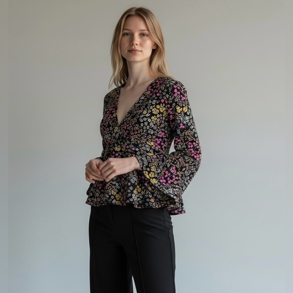 Shein Curve Floral Blouse Long‎ Sleeve V Neck Button Front 1XL - Picture 2 of 11